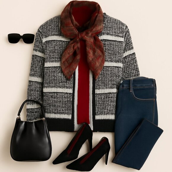 Keren Hart Vintage-Inspired Black & White Textured Cardigan - Size L - Picture 4 of 7